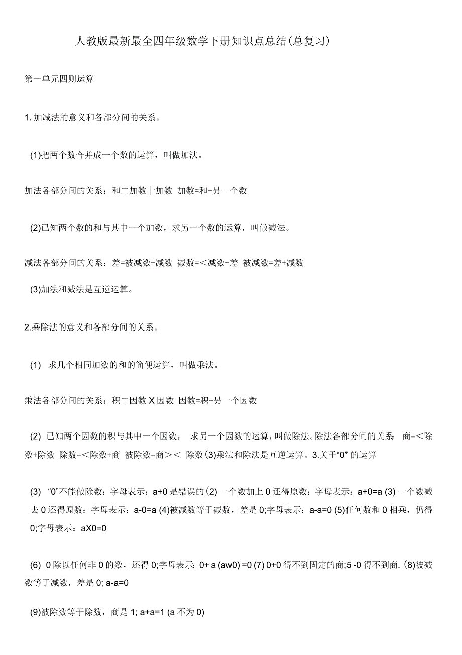 人教版最新最全四年级数学下册知识点总结(总复习)_第1页