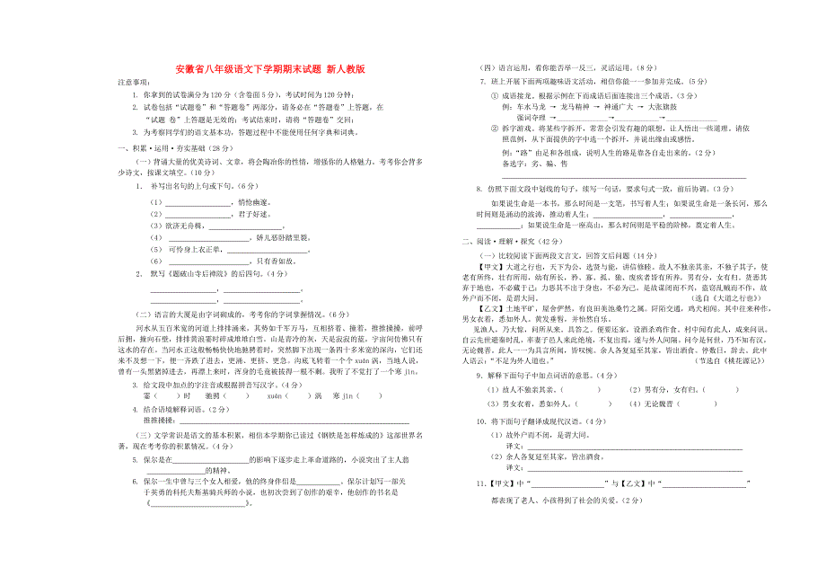 安徽省八年级语文下学期期末试题 新人教版.doc_第1页