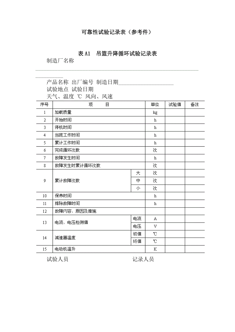 吊篮可靠性试验记录表_第1页