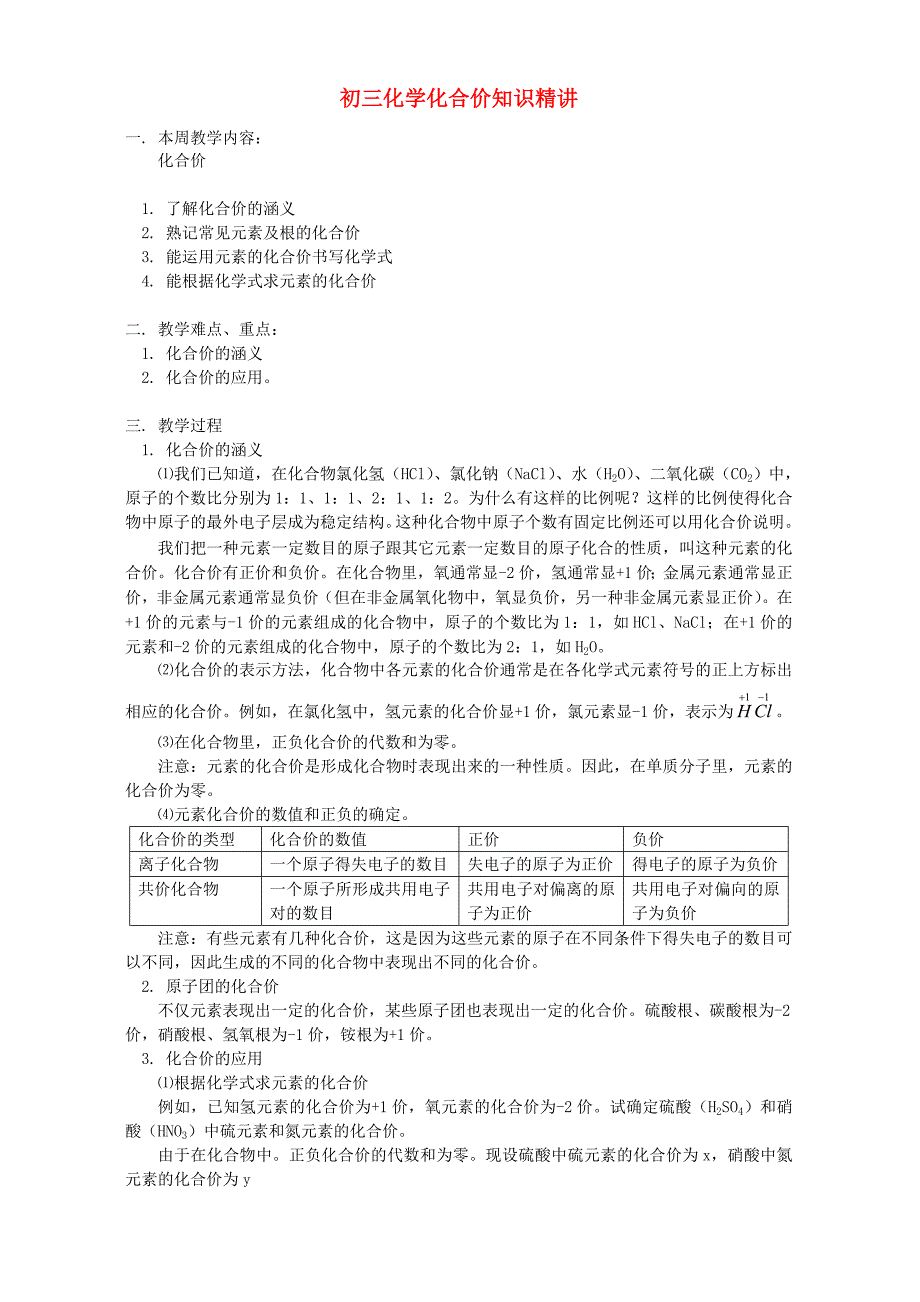 初三化学化合价知识精讲人教版_第1页