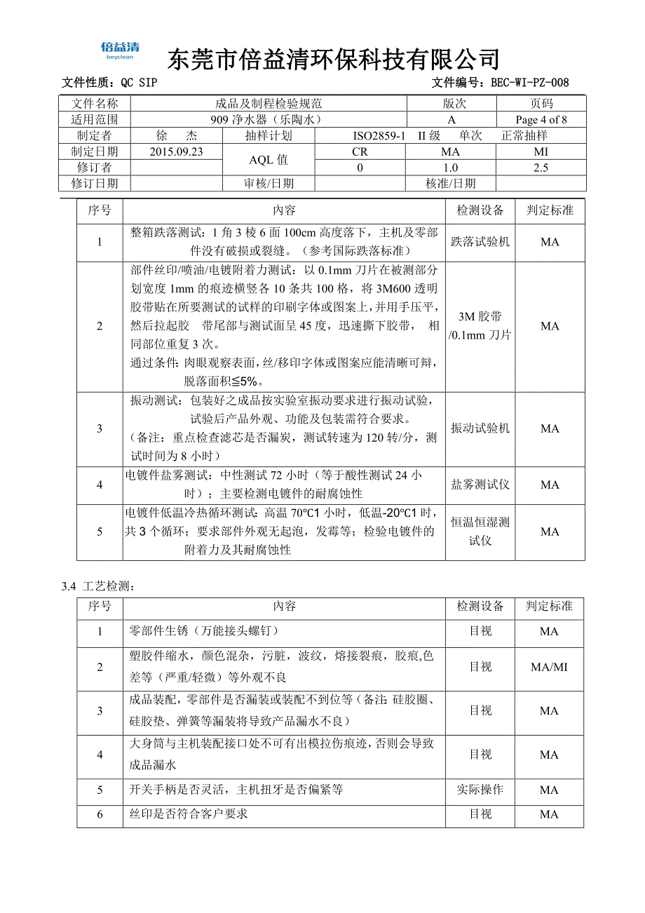 909净水器成品检验规范内部_第4页