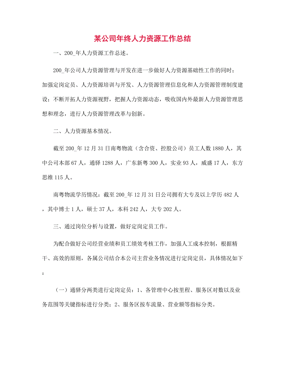 2022年某公司年终人力资源工作总结范文_第1页