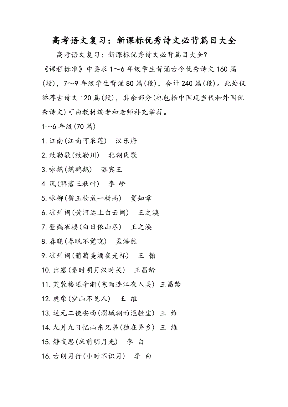 高考语文复习：新课标优秀诗文必背篇目大全_第1页