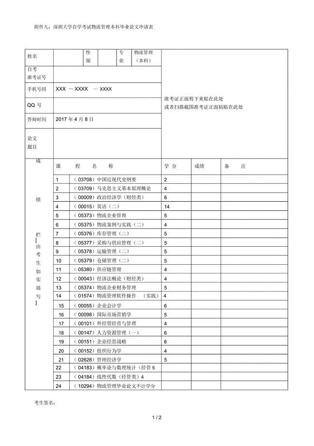 九深圳大学自学考试物流管理本科毕业论文申请表