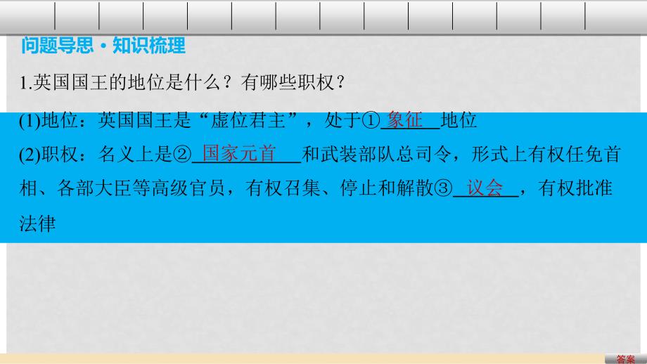 高考政治二轮复习 专题十八 君主立宪制和民主共和制：以英国和法国为例 考点一 英国的议会制君主立宪制课件_第2页