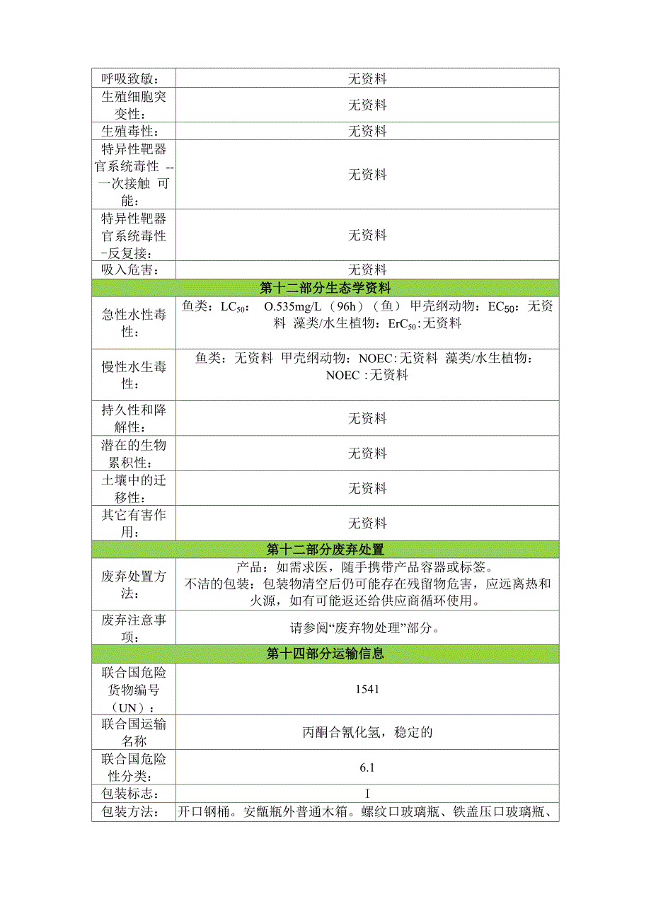 丙酮氰醇安全技术说明书msds_第4页