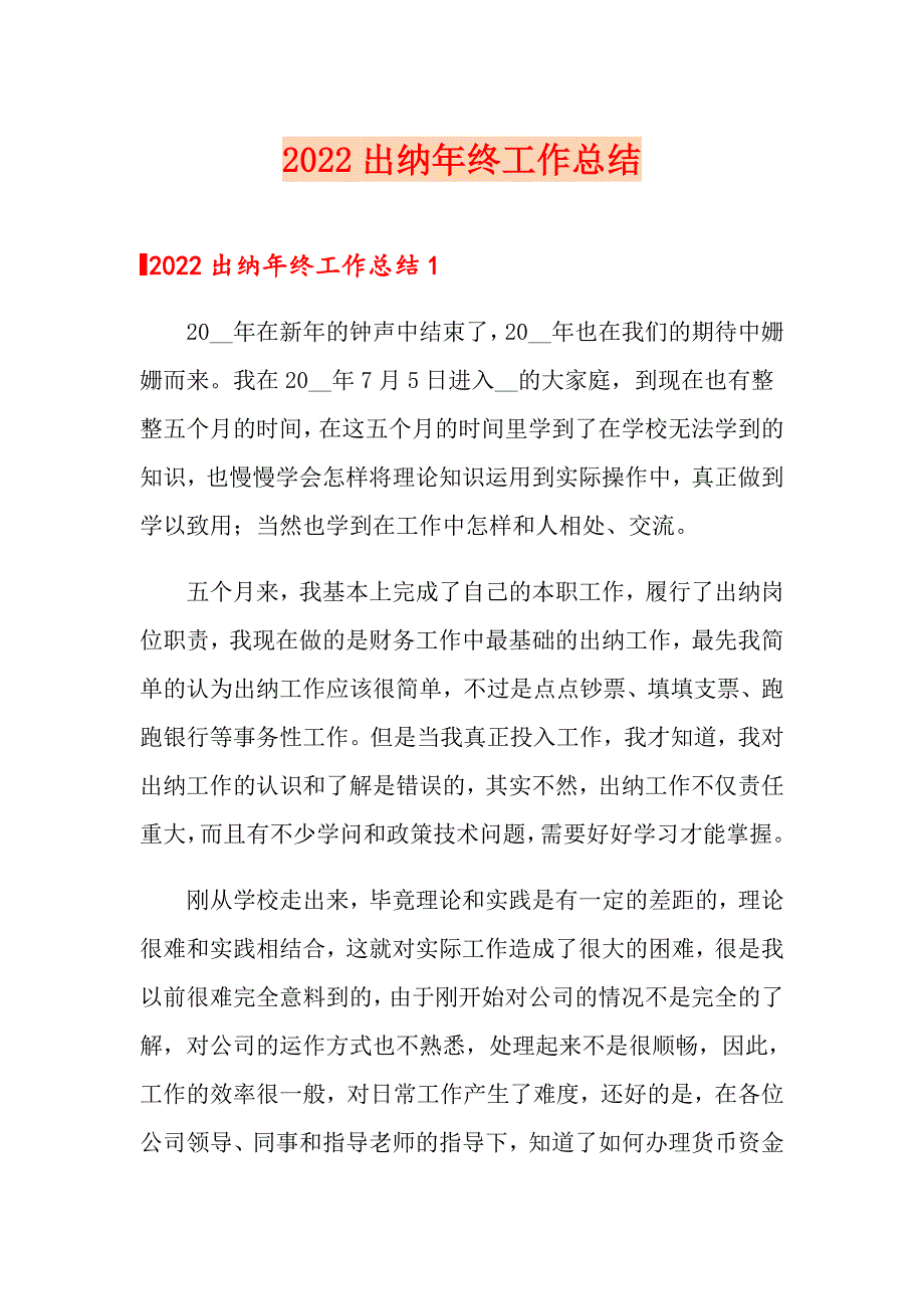 【精编】2022出纳年终工作总结_第1页