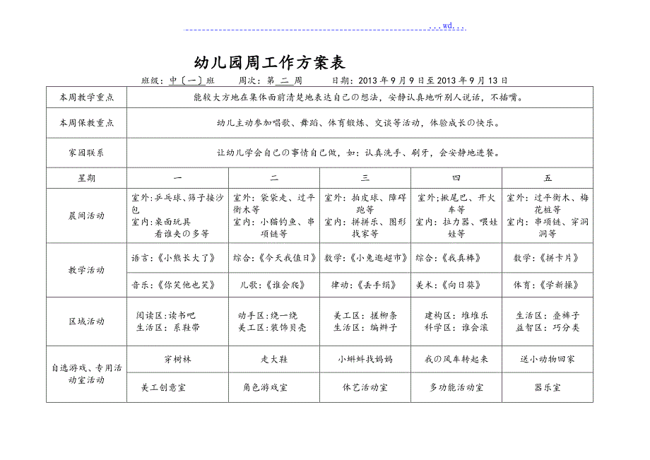 幼儿园中班周计划表_第2页