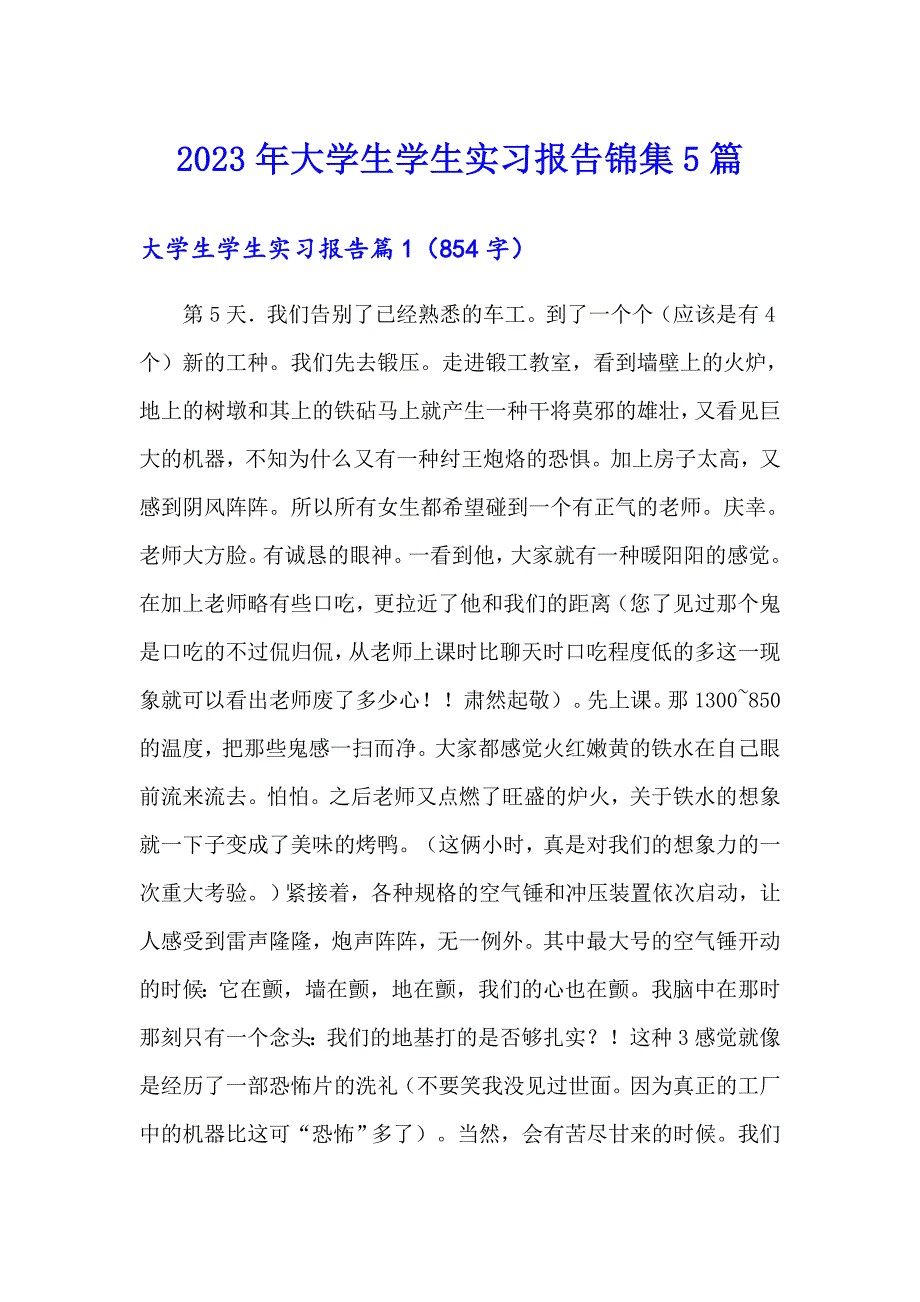 2023年大学生学生实习报告锦集5篇【新版】_第1页