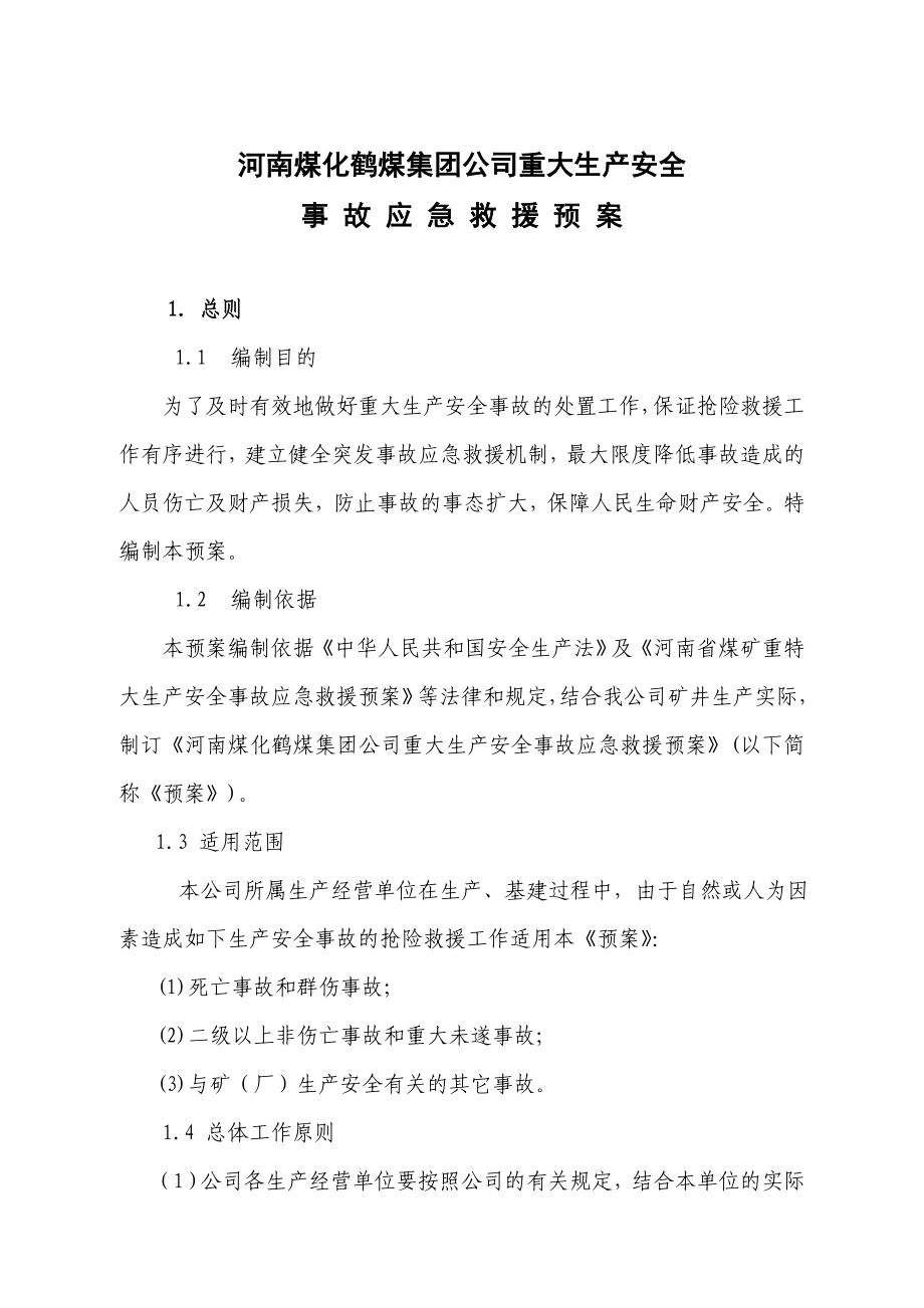 河南煤化鹤煤集团公司重大生产安全事故应急救援预案_第1页