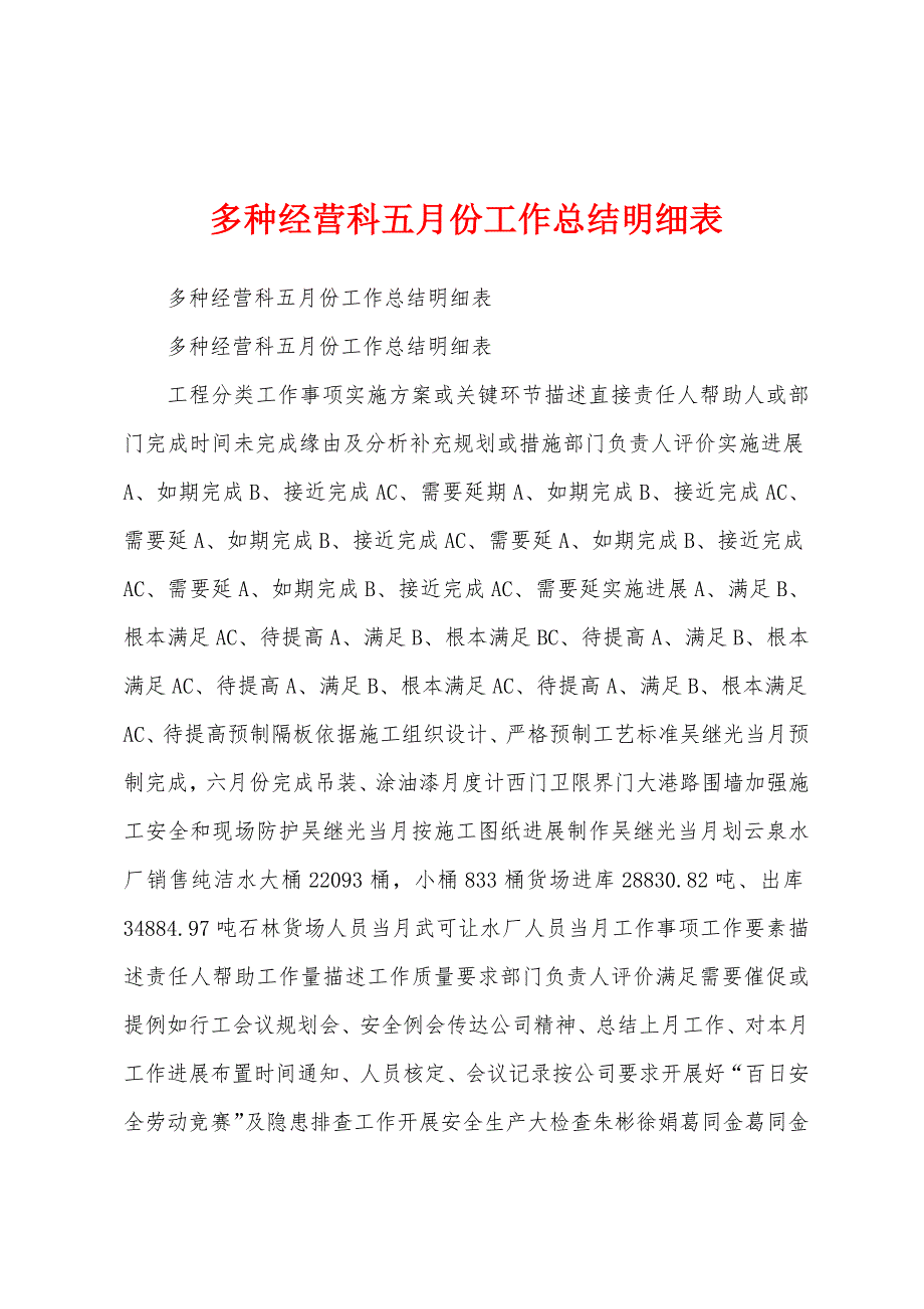 多种经营科五月份工作总结明细表.docx_第1页