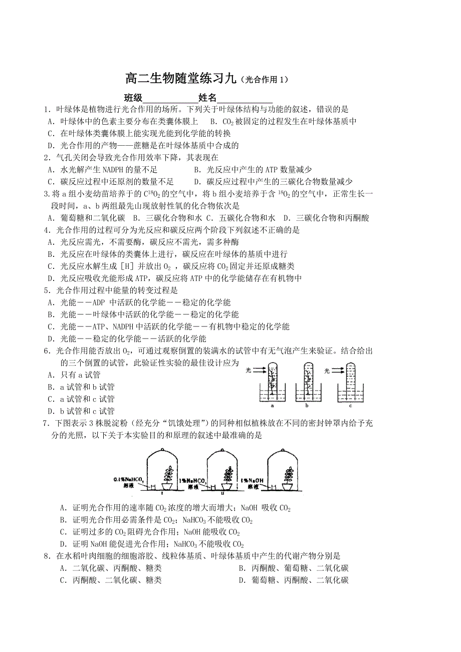 高二生物随堂练习——光合作用.doc_第1页