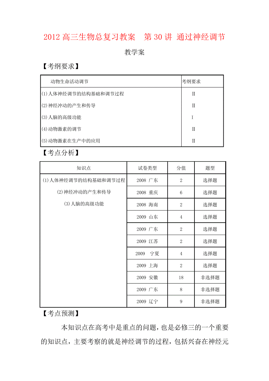 2012高三生物总复习第30讲通过神经调节教案_第1页