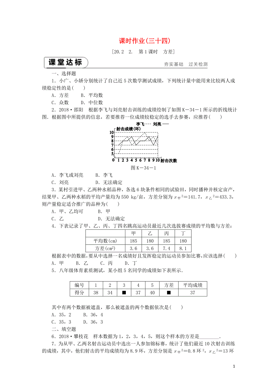 2019年春八年级数学下册 第20章 数据的初步分析 20.2 数据的集中趋势与离散程度 20.2.2 第1课时 方差练习 （新版）沪科版_第1页