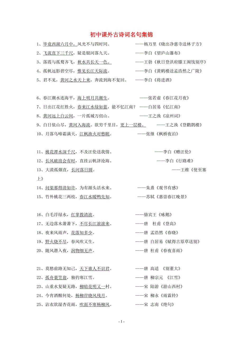 初中语文课外古诗句名句集锦人教版_第1页