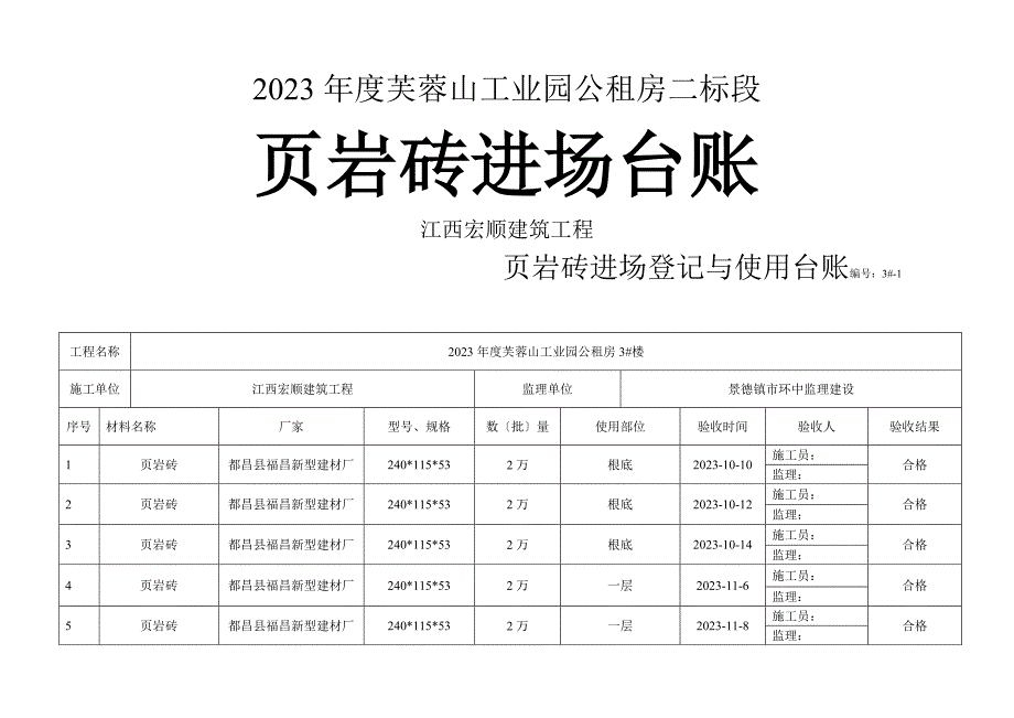 页岩砖进场台账_第1页