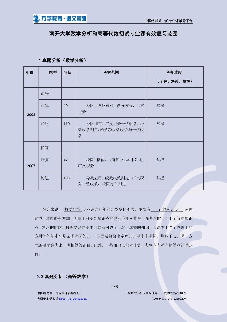 南开大学数学分析和高等代数初试专业课有效复习范围_第2页