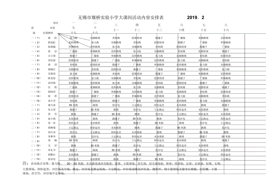 堰桥小学体锻活动内容安排表2010-无锡堰桥小学_第1页