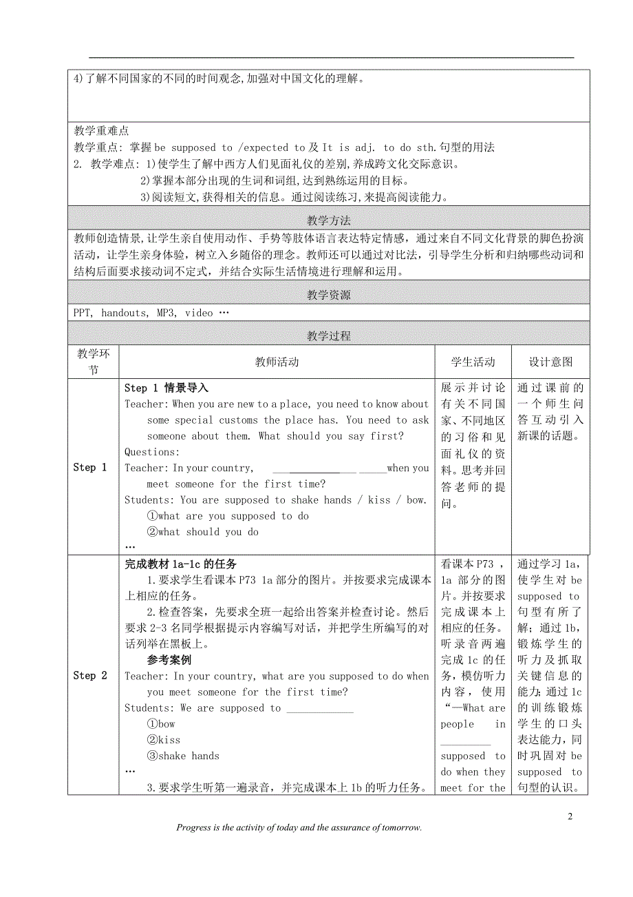 2018-2019学年九年级英语全册 Unit 10 You&amp;rsquo;re supposed to shake hands Section A教学设计 （新版）人教新目标版_第2页