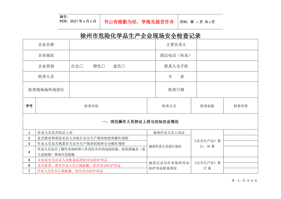 徐州市危险化学品生产企业现场安全检查记录_第1页