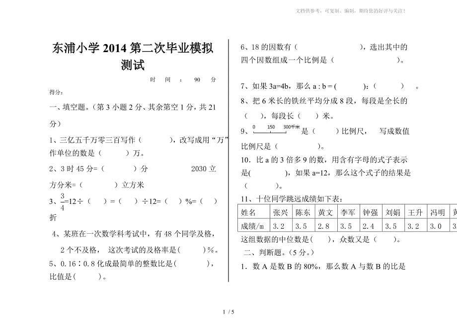 小学六年级数学毕业试卷附参考答案_第1页