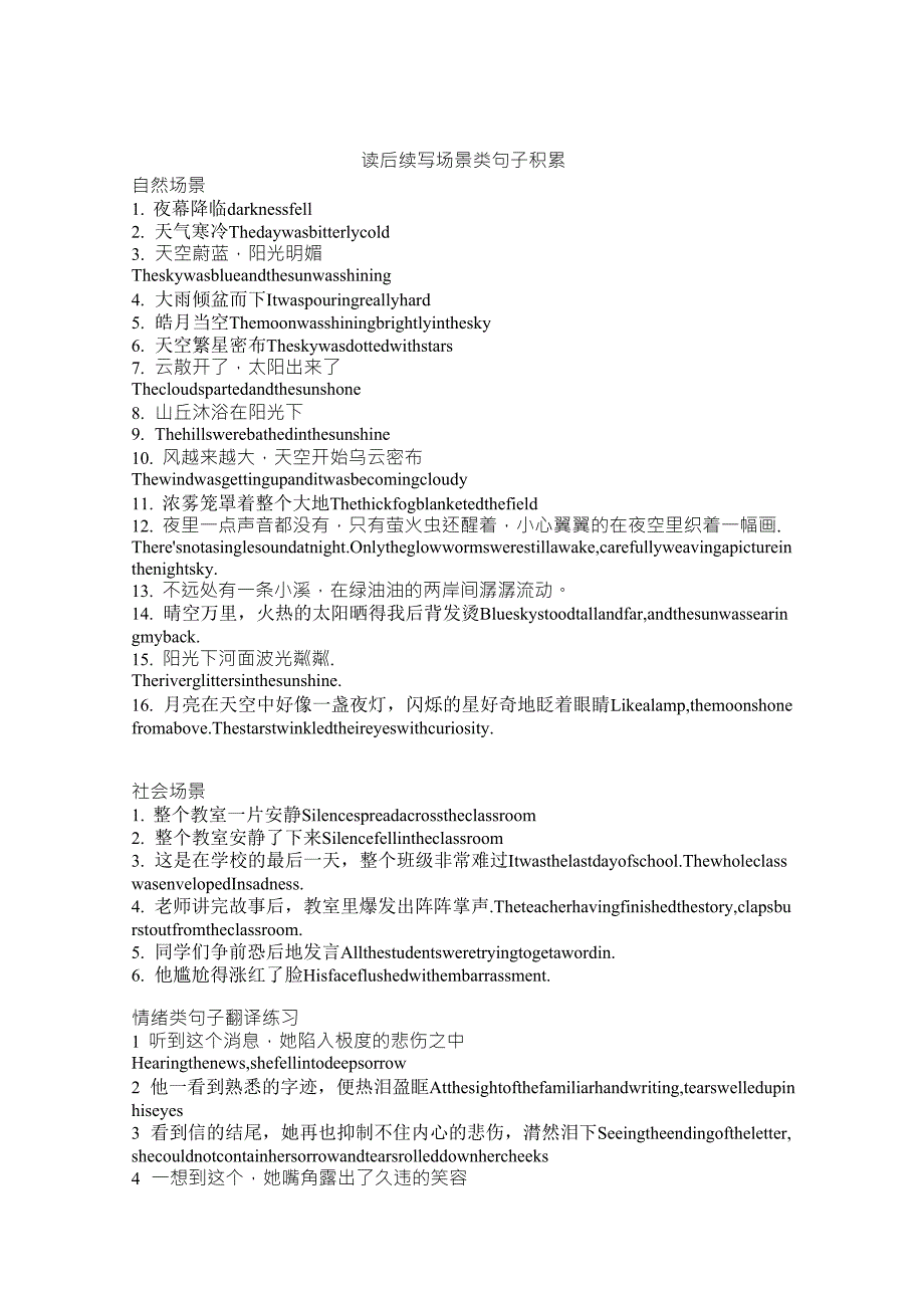 [高中英语读后续写]读后续写素材句子翻译(好用)_第1页