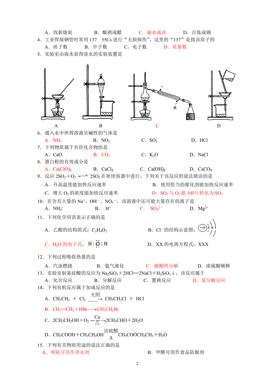 2015年江苏省普通高中学业水平测试（必修科目）化学试题.doc_第2页