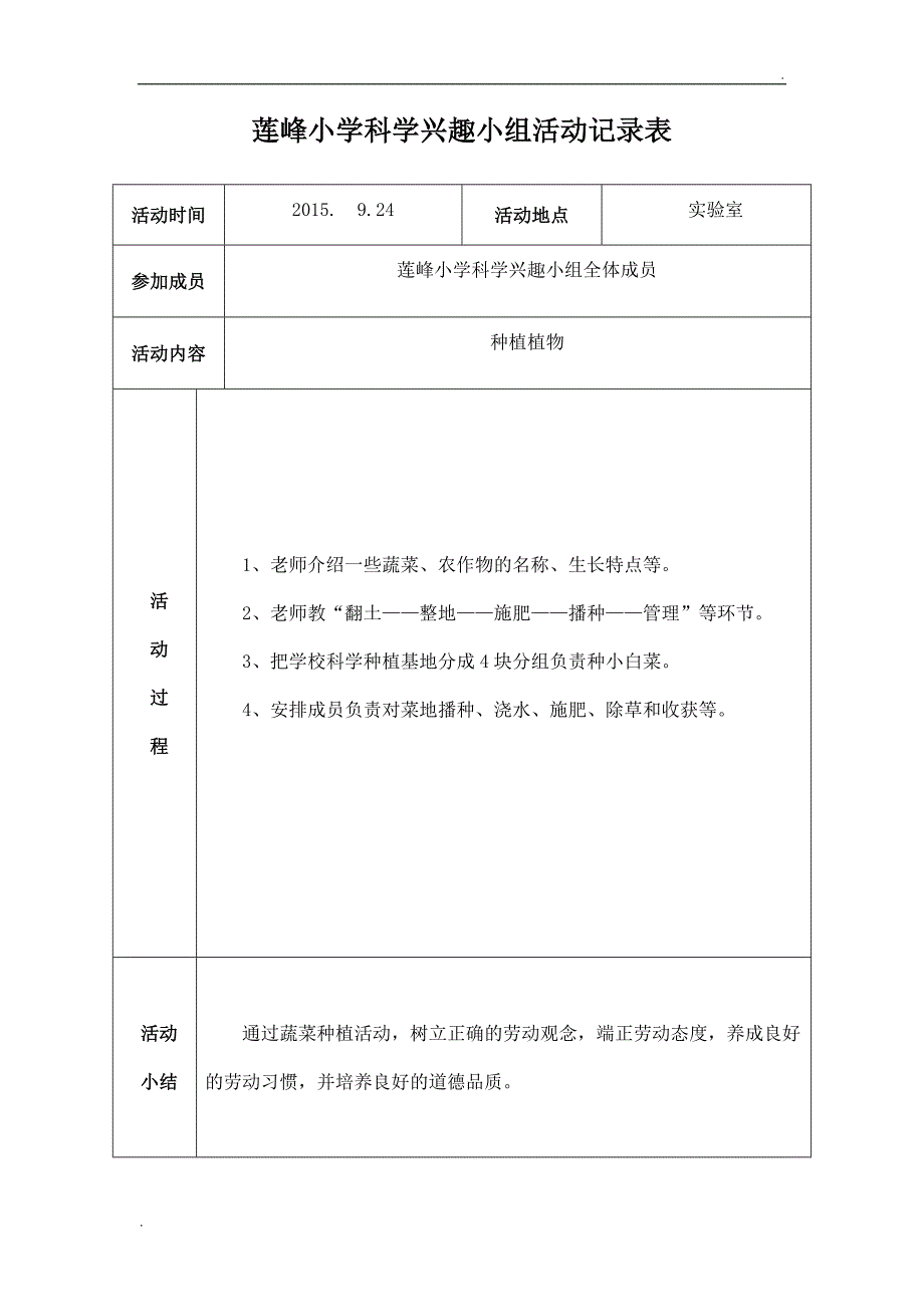 莲峰小学科学兴趣小组活动记录表_第1页