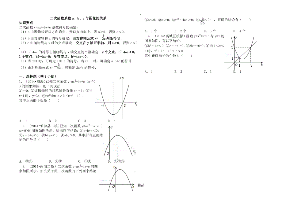 二次函数系数abc与图像的关系精选练习题_第1页