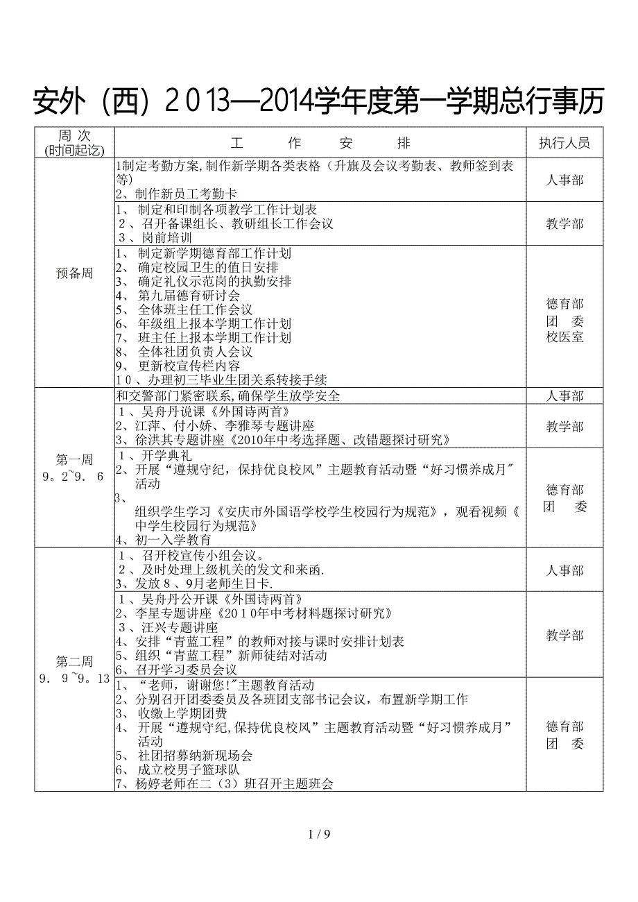 安外(西)2013-2014学年度第一学期总行事历(1)_第1页