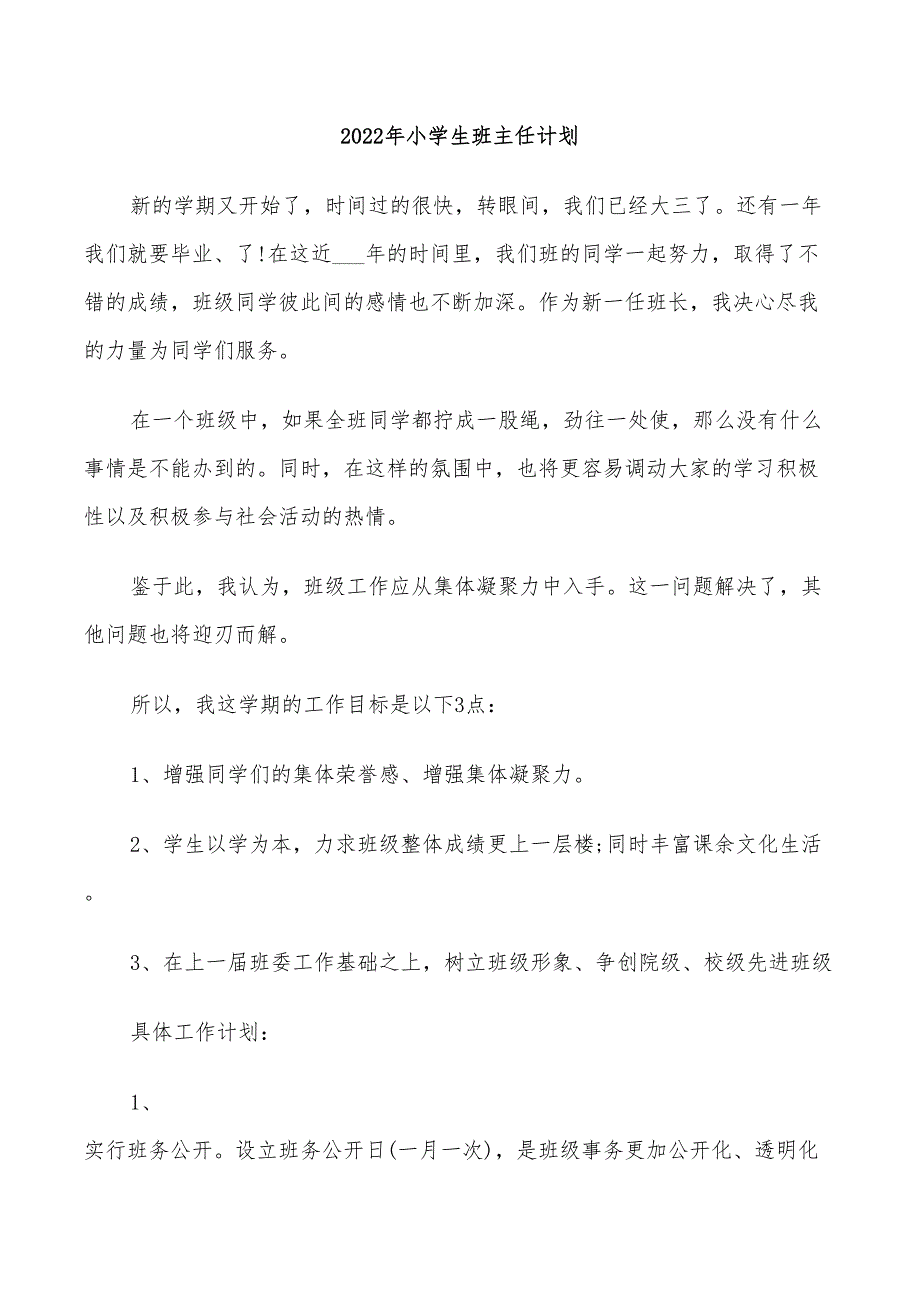 2022年小学生班主任计划_第1页