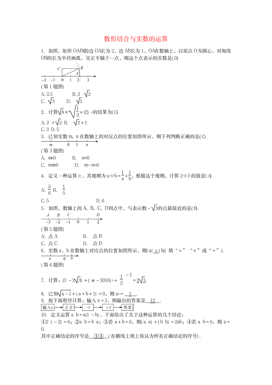 2023年2020中考数学总复习 专题提升一 数形结合与实数的运算_第1页