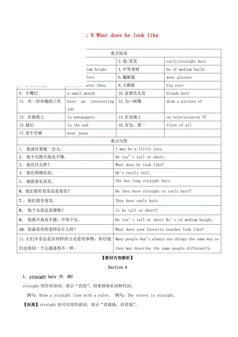 七年级英语下册Unit9Whatdoeshelooklike短语语法知识点汇总新人教目标版.docx_第1页