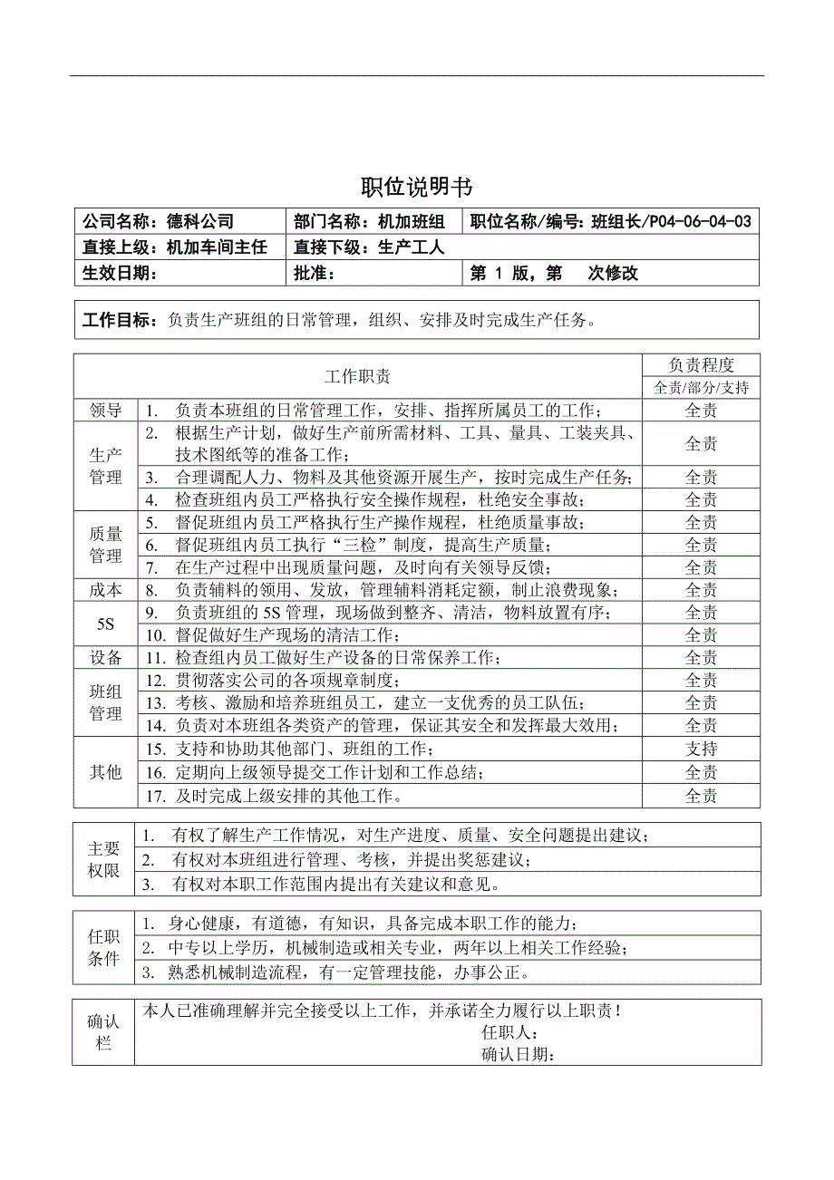 【管理精品】职位说明书_机加车间班组长_第1页