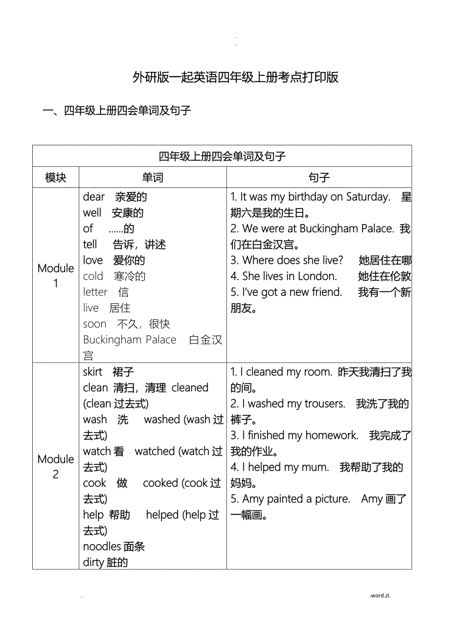 外研版(一年级起点)英语四年级上册考点打印版.doc_第1页