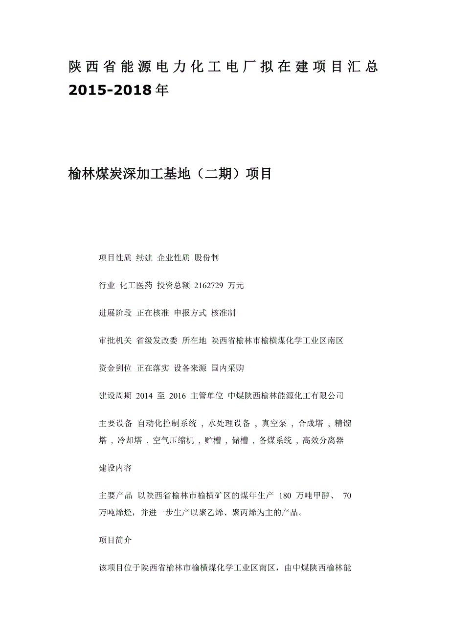 陕西省能源电力化工电厂拟在建项目汇总_第1页