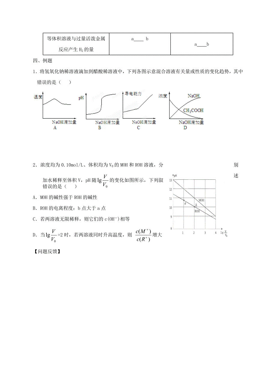 山西省忻州市第一中学2020高三化学一轮复习考点25电离平衡学案无答案_第4页