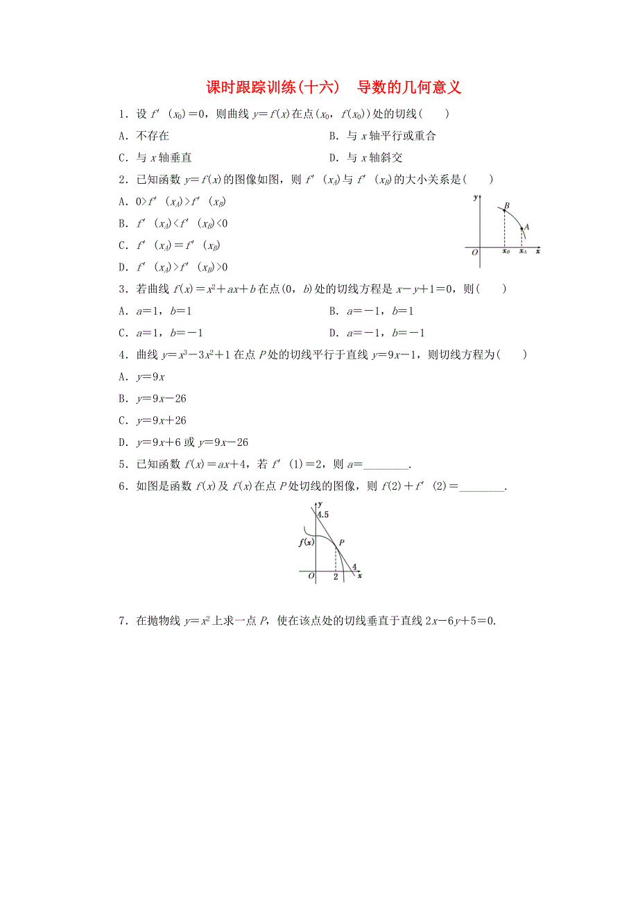 2017-2018学年高中数学课时跟踪训练十六导数的几何意义新人教B版选修1-1_第1页