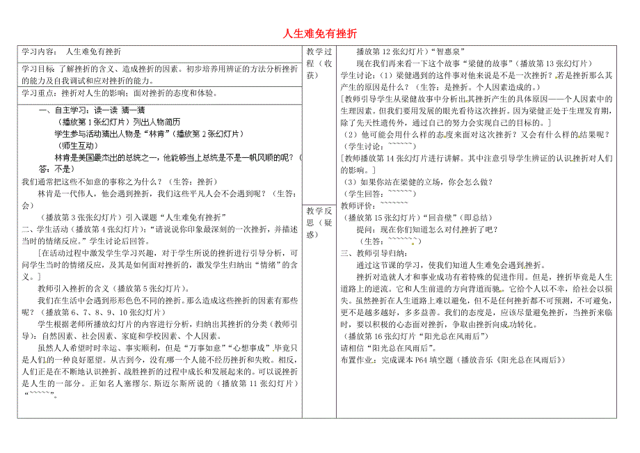 山西省灵石县两渡镇初级中学七年级政治下册人生难免有挫折学案无答案新人教版_第1页