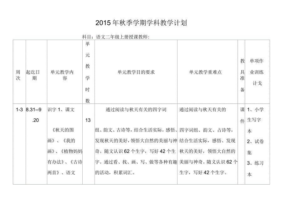 2015年秋季学期语文教学计划