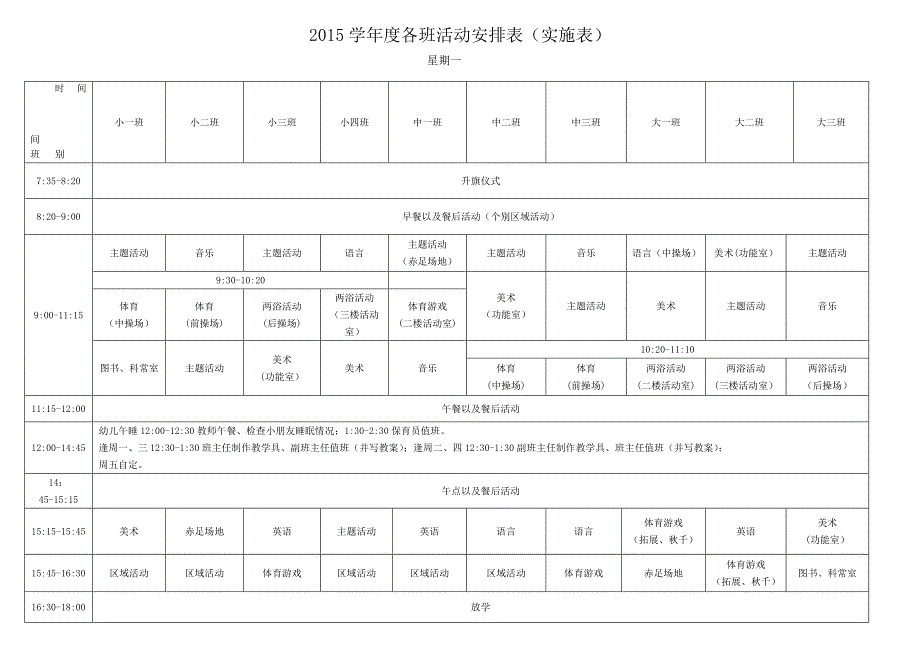 2014学年度各班活动安排表-副本_第1页