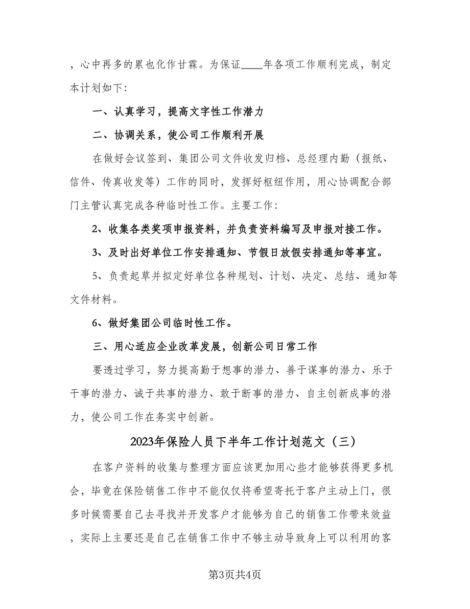 2023年保险人员下半年工作计划范文（三篇）.doc_第3页