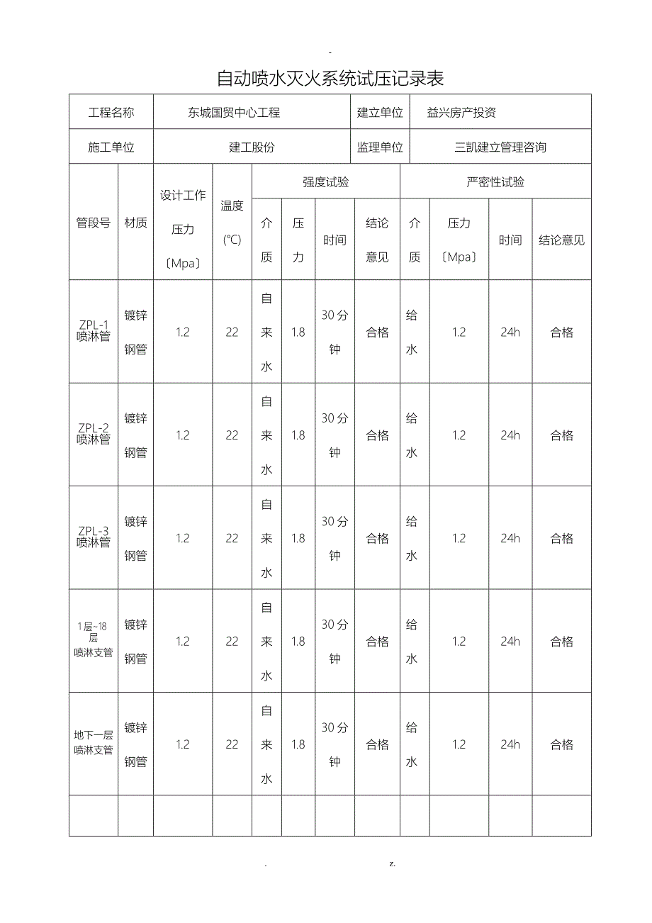 自动喷水灭火系统试压记录表_第1页