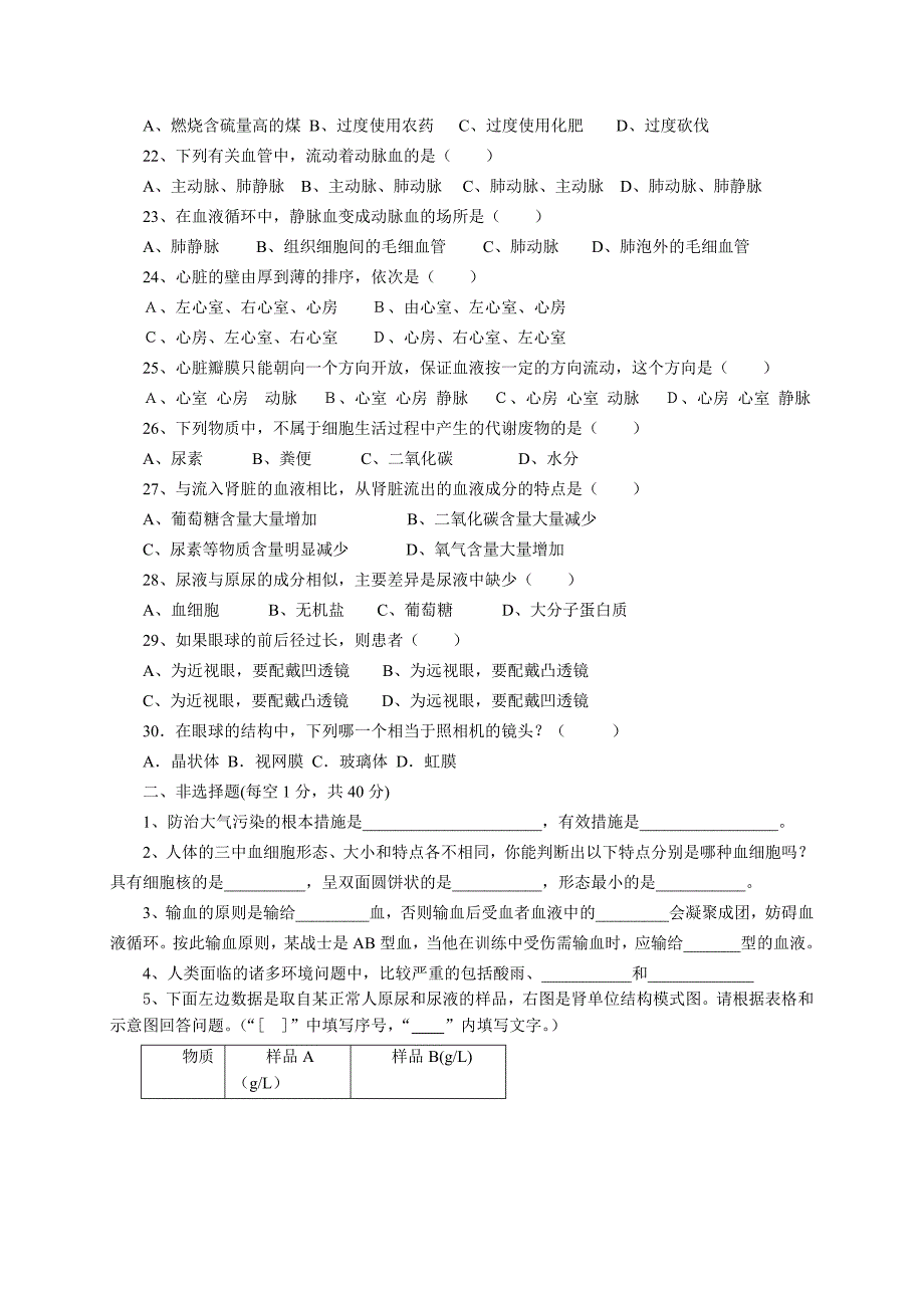 新人教版初中七年级生物下册试题附答案_第3页