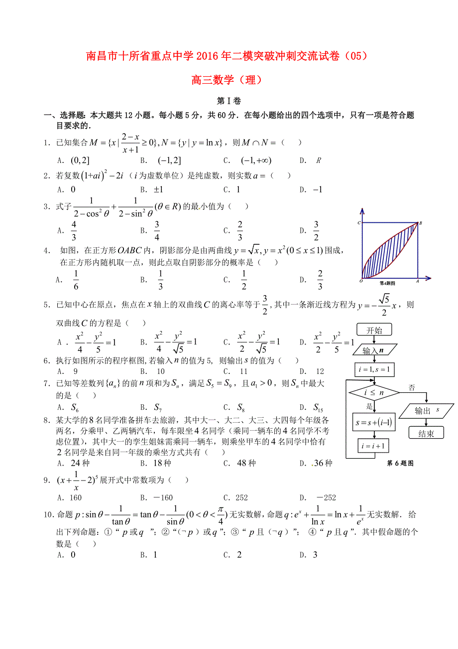 江西省南昌市10所省重点高三数学理二模冲刺试题五及答案_第1页