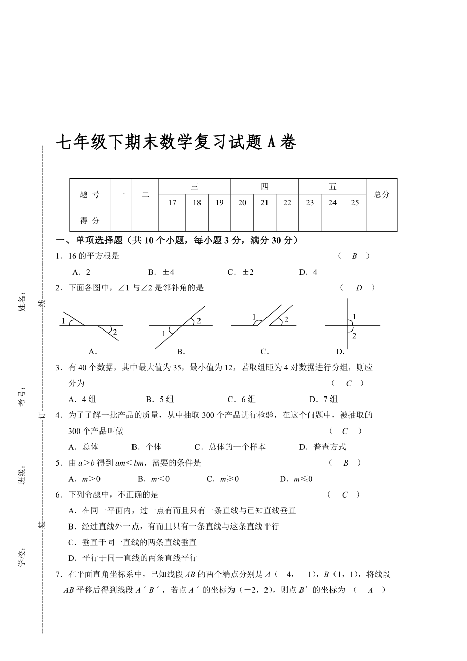 最新人教版数学七年级下册期末试卷共11套名师制作精品教学资料_第1页