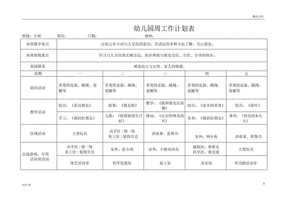 小班幼儿园周工作计划表_第5页