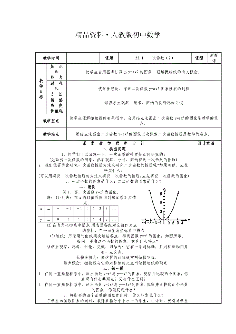 人教版 小学9年级 数学上册 22.1 二次函数的图象和性质2教案_第1页