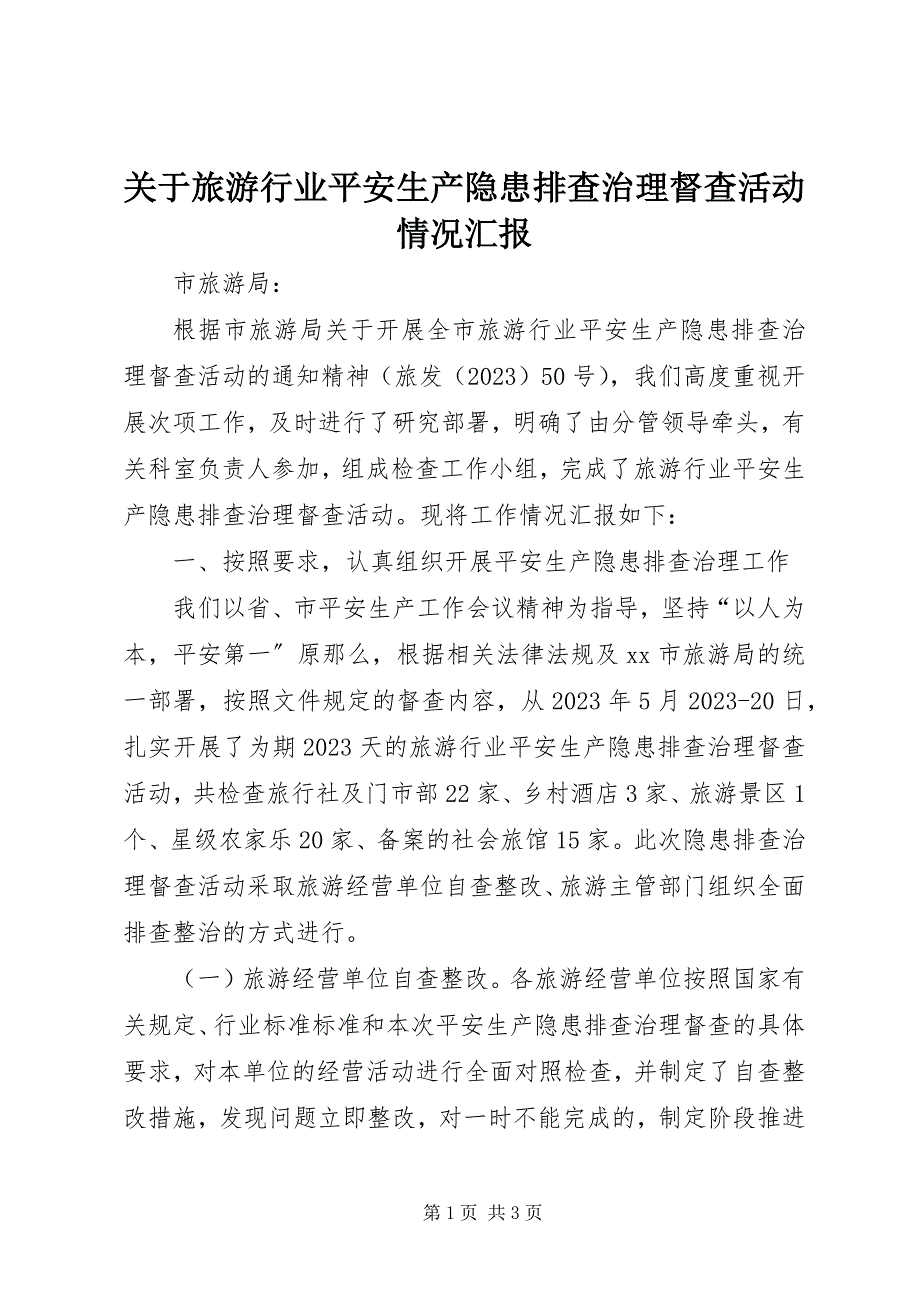 2023年旅游行业安全生产隐患排查治理督查活动情况汇报.docx_第1页