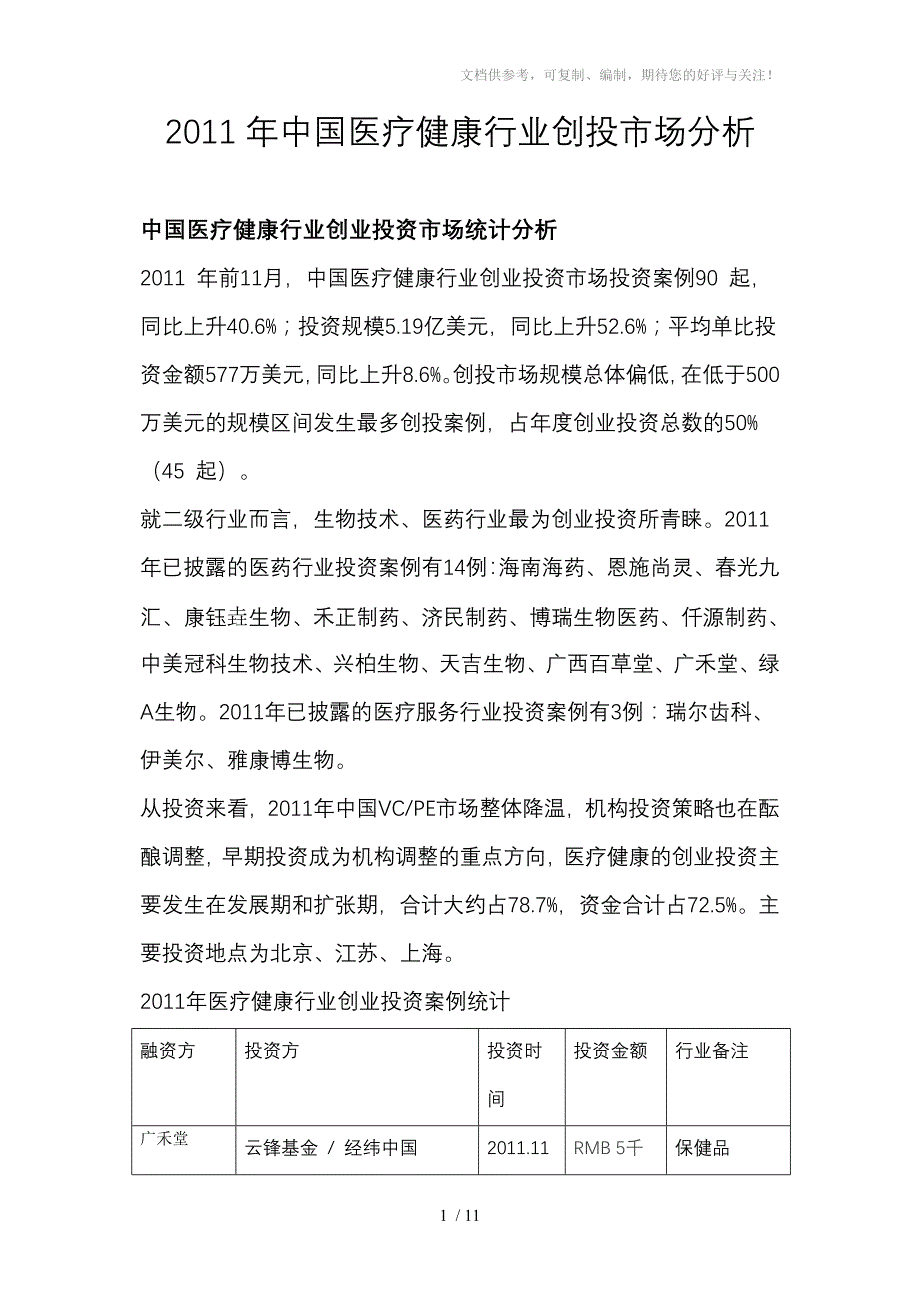 2011年中国医疗健康行业创投市场分析_第1页